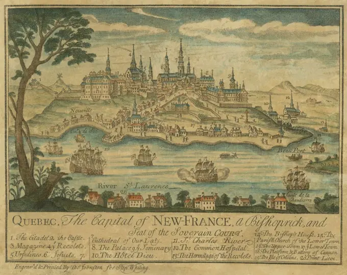 Quebec, the Capital of New-France, a Bishopric, and Seat of the Sovereign Court, 1759. Engraved and printed by Thomas Johnston and published by Stephen Whiting in Boston. This view of Quebec created after Wolfe's siege and capture, but is based on a French map published forty years earlier, ca. 1720  (BSLOC_2020_1_194)