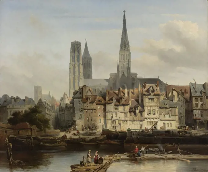 The Quay de Paris in Rouen, by Johannes Bosboom, 1839, Dutch painting, oil on canvas. Wharf with moored ships, wagons, and people on the Siene river, with gothic cathedral of Rouen in the background. (BSLOC_2016_1_121)