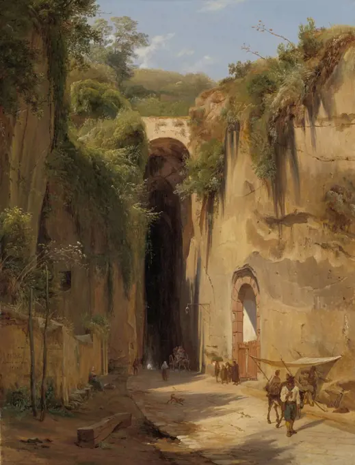 The Grotto of Posillipo at Naples, by Antonie Sminck Pitloo, 1826, Dutch painting, oil on canvas. The far end of the 2,200 foot long grotto is indicated with light spot. Pedestrians and carts travel through as a vender under a shade awaits tourists. (BSLOC_2016_1_145)