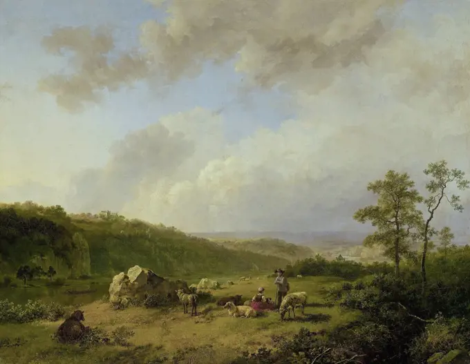 Landscape with an Approaching Rainstorm, by Barend Cornelis Koekkoek, 1825-29, oil on canvas. Picturesque shepherds in the foreground and idealized space link landscape to Romanticism. (BSLOC_2016_1_173)