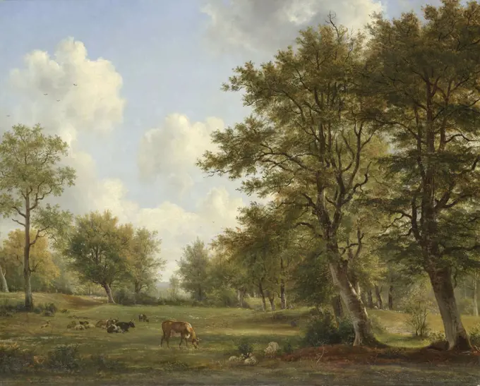 Landscape near Hilversum, by George Jacobus Johannes van Os and Pieter Gerardus van Os, 1820-39. Dutch painting, oil on canvas. Landscape around Hilversum. Tree-lined meadows with grazing cows and sheep. (BSLOC_2016_1_178)