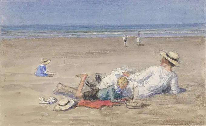 Resting Nanny with Two Children on the Beach, by Johan Antonie de Jonge, c. 1890-1920. Dutch watercolor painting. (BSLOC_2016_1_19)