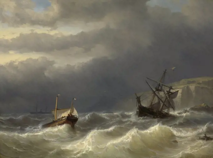 Storm in the Strait of Dover, by Louis Meijer, 1819-66, Dutch painting, oil on panel. Ships at sea near the Dover coast during a storm. One is crashing on the rocks and launching lifeboats. In distance is an steady steamship without sails. (BSLOC_2016_1_210)