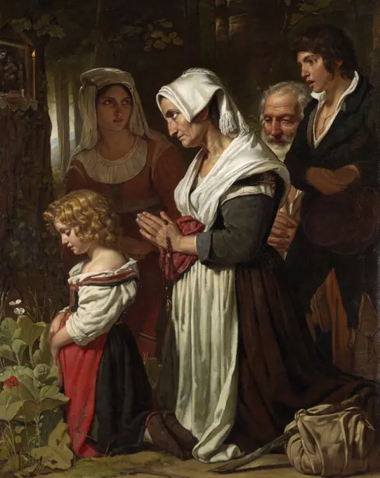 Piety, by Cornelis Kruseman, 1823, Dutch painting, oil on canvas. A group of people praying at a Marian shrine along a path in a forest, includes a woman kneeling with a rosary. Knapsack on a stick suggest the group are pilgrims. (BSLOC_2016_1_26)