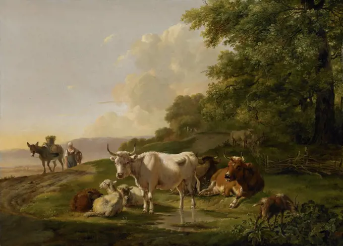 Landscape with Cattle, by Pieter Gerardus van Os, 1806, Dutch painting, oil on panel. Woman peasant on road with a loaded donkey. In foreground is a group of animals with cows, sheep, and a goat. (BSLOC_2016_1_290)