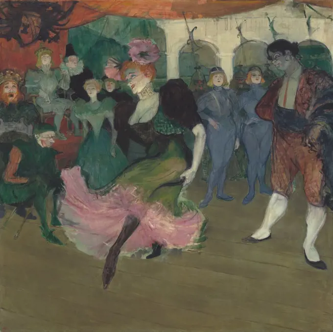 Marcelle Lender Dancing the Bolero in 'Chilperic', by Henri de Toulouse-Lautrec, 1895-96, French Post-Impressionism painting, oil on canvas. Toulouse-Lautrec depicts the actress illuminated from below by the gas footlights. Marcelle Lender played Galswint (BSLOC_2016_5_251)