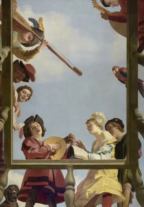 Musical Group on a Balcony, by Gerrit van Honthorst, 1622, Dutch painting, oil on canvas. Festive singers look down from around a balcony while playing musical instruments. This illusionistic ceiling panel was the earliest of its type made in the Netherla (BSLOC_2016_6_155)