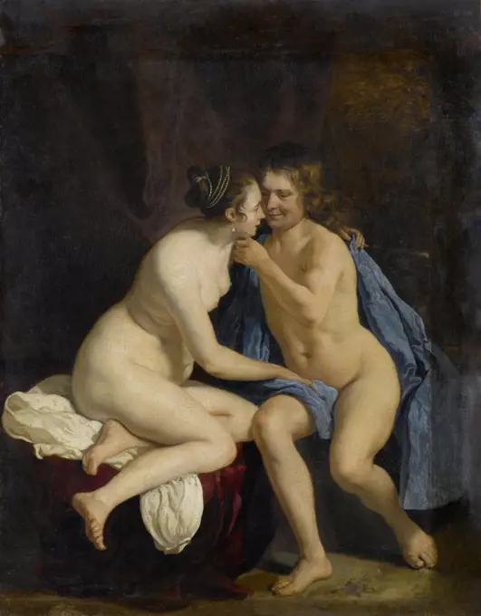 Lovers, by Jacob van Loo, 1650-60, Dutch painting, oil on canvas. Unclothed young man and woman caressing. In the 17th century Dutch Republic, realist paintings with secular themes dominated the arts. Elsewhere, this painting would have been presented as (BSLOC_2016_6_175)