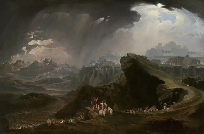 Joshua Commanding the Sun to Stand Still upon Gibeon, By John Martin, 1816, British painting, oil on panel. The biblical battle at Gibeon, part of the conquest of Canaan. God stopped the sun and also sent a storm to bombard the Canaanites with rain and ha (BSLOC_2016_6_225)