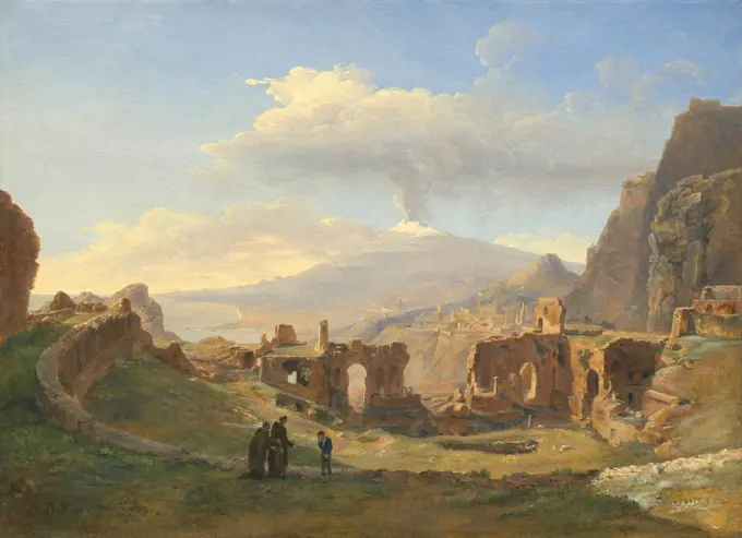 The Roman Theater at Taormina, by Louise-Josephine Sarazin de Belmont, 1828, French painting, oil on canvas. This work was painted early in her career, and was presented at the Salon of 1833 (BSLOC_2016_6_294)