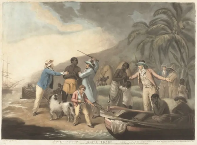 Slave Trade, by John Raphael Smith, after George Morland, 1762-12, British print. The print's caption reads: Lo the poor Captive with distraction wild, Views his dear Partner torn from his embrace; A different Captain buys his Wife and Child, What time ca (BSLOC_2016_6_310)