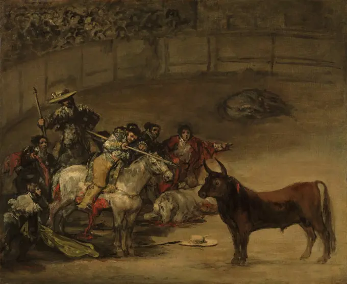 Bullfight, by Francisco Goya, 1824, Spanish painting, oil on canvas. In a bullring, the bull eyes the picador as other men fearfully try to distract the animal. Dying or wounded animals lie on the ground, and the bloody undersides of the picador's horse t (BSLOC_2016_6_324)