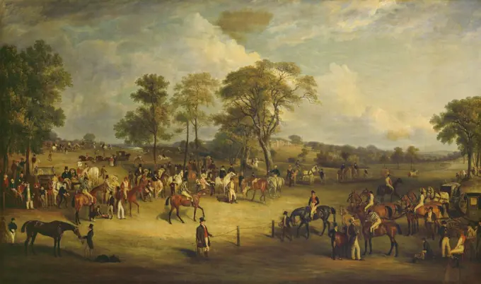 Heaton Park Races, 1829, by John Ferneley, British painting, oil on canvas. Genre painting of a horse racing event with great detail of the horses, immaculately dressed riders, and spectators in a rural British landscape (BSLOC_2016_6_323)