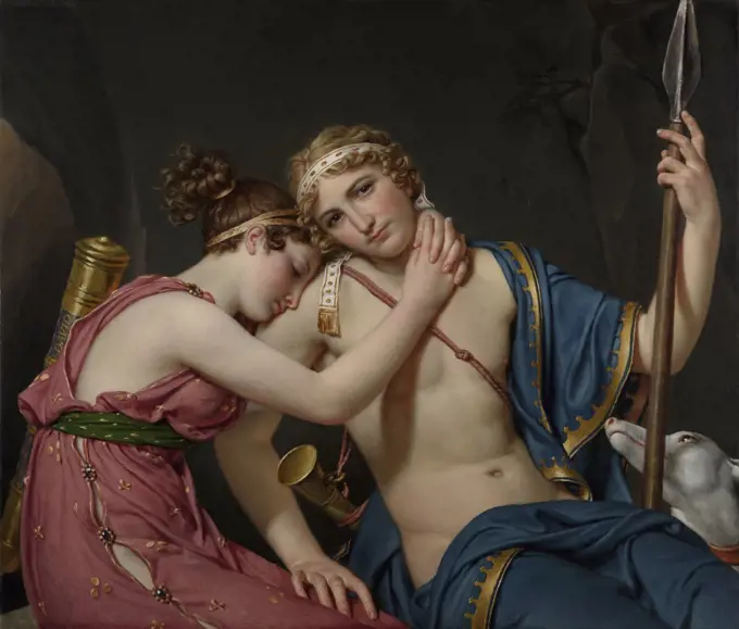 Farewell of Telemachus and Eucharis, by Jacques-Louis David, 1818, French painting, oil on canvas. Telemachus (right) was the son of Odysseus. His love, the nymph Eucharis cries, as he ends their romance to search his missing father (BSLOC_2016_6_4)