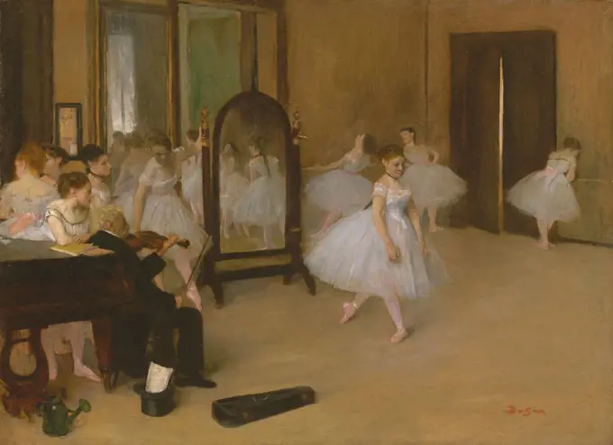 The Dancing Class, by Edgar Degas, 1870, French impressionist painting, oil on wood. This is Degas's first depiction of a dance class, painted from study drawings (BSLOC_2017_3_101)