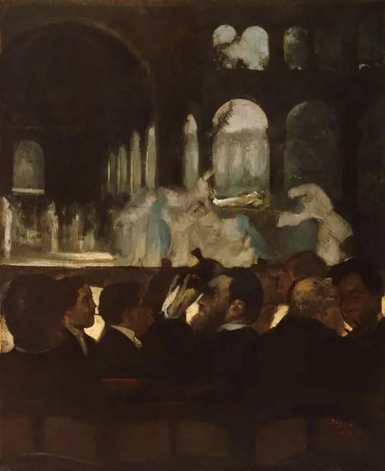 Ballet from 'Robert le Diable', by Edgar Degas, 1871, French impressionist painting, oil on canvas. The man with the binoculars looks into the audience, as nuns risen from the dead and dance amid the ruins of a monastery on stage (BSLOC_2017_3_102)