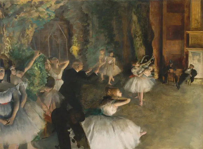 Rehearsal of the Ballet Onstage, by Edgar Degas, 1874, French impressionist mixed media drawing. Ballerinas stand in natural postures offstage, while men observe the dancers onstage. There are amusing cropped violin scrolls at lower left (BSLOC_2017_3_103)