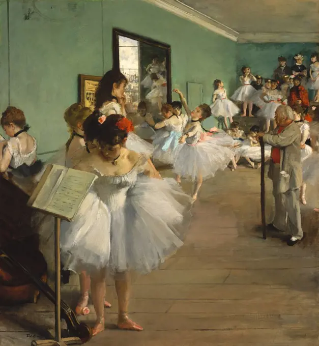 The Dance Class, by Edgar Degas, 1873, French impressionist painting, oil on canvas. Over twenty women, ballerinas and their mothers, wait while a dancer executes her examination. Jules Perrot, a famous ballet master, conducts the class (BSLOC_2017_3_105)