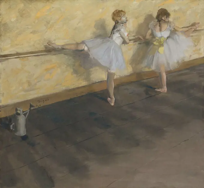 Dancers Practicing at the Barre, by Edgar Degas, 1874, French impressionist painting, on canvas. Louisine Havemeyer purchased this painting for $95,700 in 1912, setting a record price for a work by a living artist (BSLOC_2017_3_106)