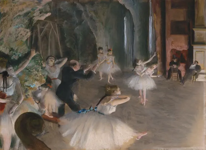 The Rehearsal Onstage, by Edgar Degas, 1874, French impressionist drawing, pastel on paper. In a second version of the rehearsal, Degas has eliminated several figures and created a less cluttered picture. There is only one cropped violin scroll at lower left (BSLOC_2017_3_104)