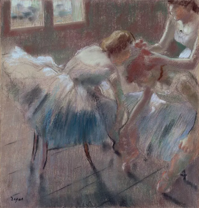 Three Dancers Preparing for Class, by Edgar Degas, 1878-90, French impressionist pastel drawing. The dancer on right is fifteen-year-old Melina Darde, a second-line dancer who never became a soloist (BSLOC_2017_3_107)