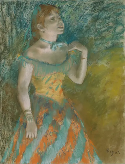 The Singer in Green, by Edgar Degas, 1884, French impressionist drawing, pastel on paper. Degas captures the specific gesture of the woman's upper torso and head as she sings (BSLOC_2017_3_109)