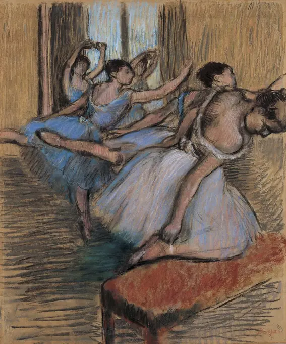 The Dancers, by Edgar Degas, 1900, French impressionist drawing, pastel and charcoal on paper. Degas told art dealer Ambroise Vollard, 'for me the dance is a pretext for painting pretty costumes and rendering movement' (BSLOC_2017_3_111)