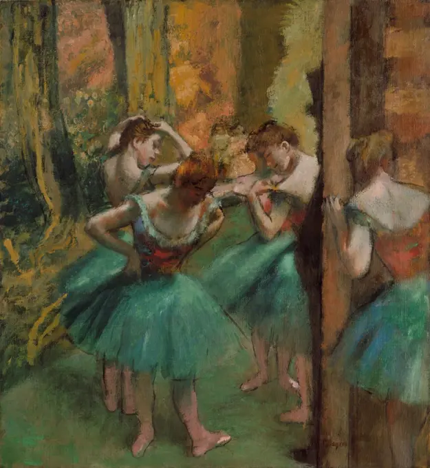 Dancers, Pink and Green, by Edgar Degas, 1890, French impressionist painting, oil on canvas. The dark profile shows a top-hatted patron of the Paris Opera, who was allowed to be watch the dancers in the wings during a performance (BSLOC_2017_3_110)