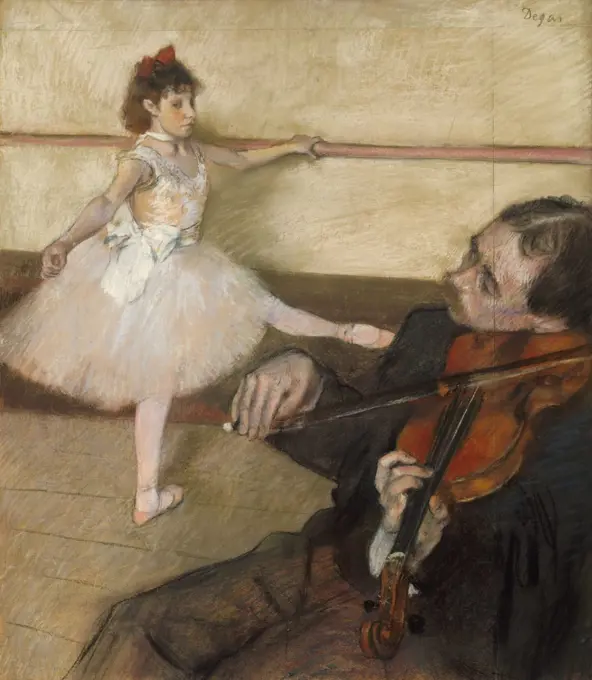 The Dance Lesson, by Edgar Degas, 1879, French impressionist drawing, pastel on paper. Degas added a panel of paper at top and on right to incorporate the violin player (BSLOC_2017_3_108)
