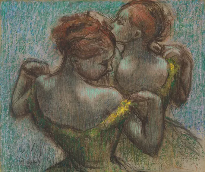 Two Dancers, by Edgar Degas, 1870-95, French impressionist drawing, pastel on paper. Two dancers depicted as they adjust their costume straps (BSLOC_2017_3_112)