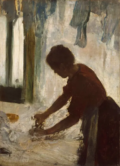 A Woman Ironing, by Edgar Degas, 1873, French impressionist painting, oil on canvas. As with dancers, Degas painted the repetitive, specialized gestures made by laundresses (BSLOC_2017_3_113)
