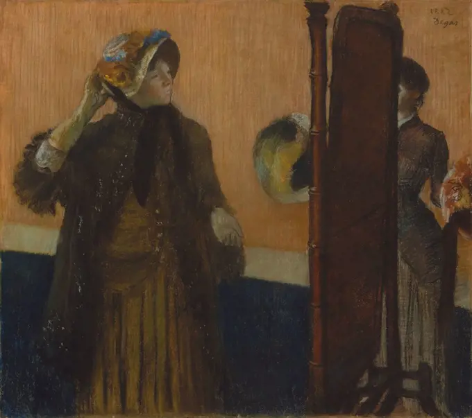 At the Milliner's, by Edgar Degas, 1882, French impressionist pastel drawing. American artist Mary Cassatt was Degas' model for the customer in this work (BSLOC_2017_3_116)