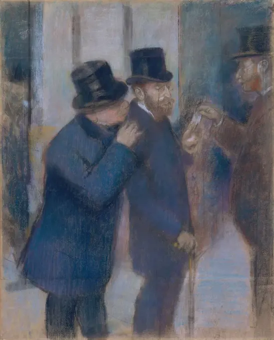 Portraits at the Stock Exchange, by Edgar Degas, 1879, French impressionist pastel drawing. Preliminary study for a painting of the Jewish financier and collector Ernest May (center), under the portico of the Paris Stock Exchange (BSLOC_2017_3_114)