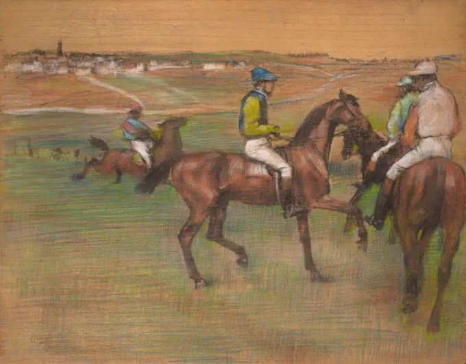 Race Horses, by Edgar Degas, 1885-88, French impressionist drawing, pastel on wood. Degas applied the pastel directly on a wood panel, allowing the bare wood to represent the sky (BSLOC_2017_3_117)