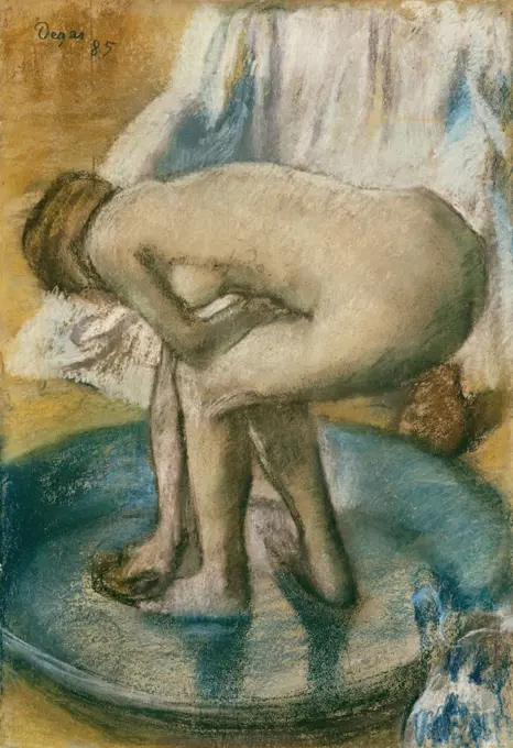 Woman Bathing in a Shallow Tub, by Edgar Degas, 1885, French impressionist drawing, pastel on paper. After it was exhibited at the 8th Impressionist Exhibition in 1886, Degas traded this work with Mary Cassatt, for the painting 'Girl Arranging Her Hair' (BSLOC_2017_3_118)