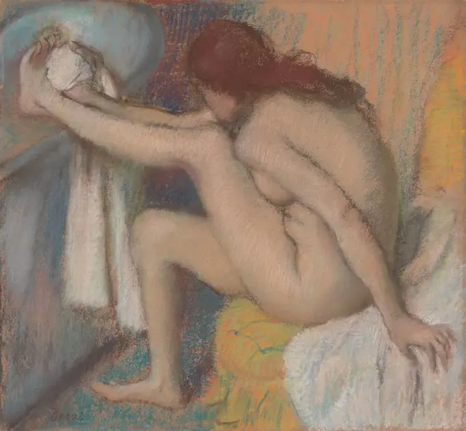 Woman Drying Her Foot, by Edgar Degas, 1885-86, French impressionist drawing, pastel on paper. Degas depicted the bather in a natural position, doubled-up, reaching to dry her foot (BSLOC_2017_3_119)