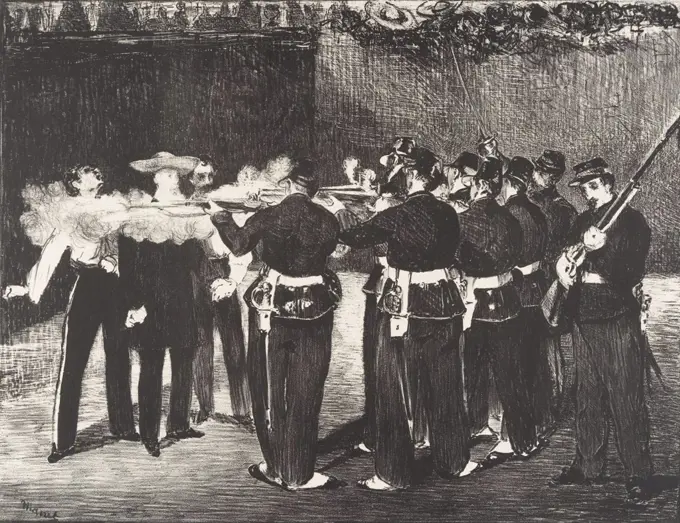 Execution of the Emperor Maximilian, by Edouard Manet, 1868, French Impressionist lithograph print. The Hapsburg prince was installed as monarch of Mexico by the French in 1864, while the US was embroiled in Civil War. Mexicans loyal to deposed president Benito Juarez ousted and executed him in 1867 (BSLOC_2017_3_12)
