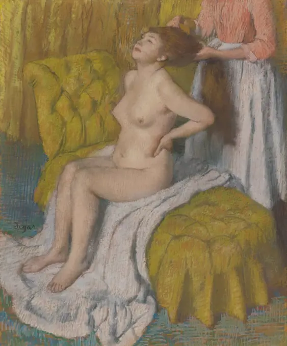 Woman Having Her Hair Combed, by Edgar Degas, 188688, French impressionist pastel drawing. Degas captured a natural pose of a women bracing her torso with her arms, as a maid pulls against her hair (BSLOC_2017_3_120)