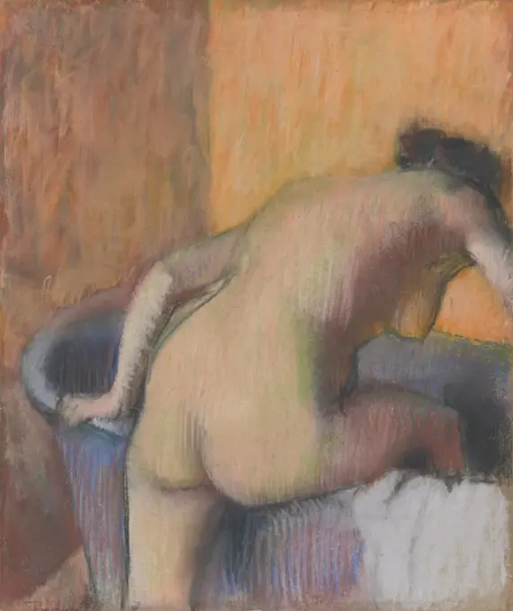 Bather Stepping into a Tub, by Edgar Degas, 1890, French impressionist pastel and charcoal drawing. This is one of seven pastels in which Degas depicted a nude entering a bath tub (BSLOC_2017_3_123)