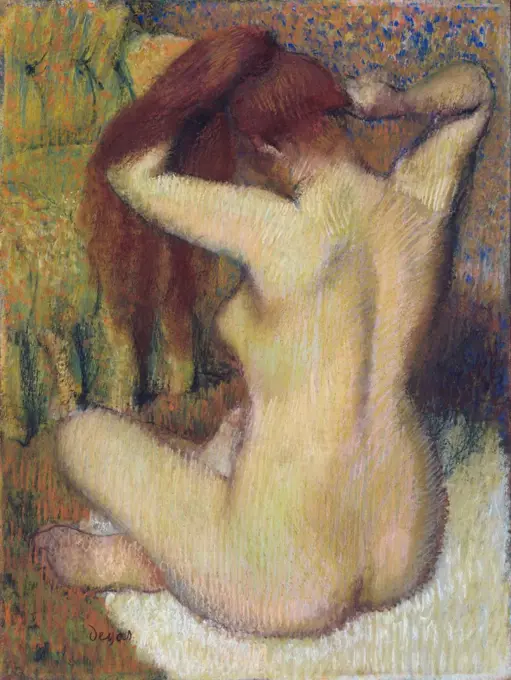 Woman Combing Her Hair, by Edgar Degas, 1888-90, French impressionist drawing, pastel on paper. Degas modeled the figures pink flesh with chartreuses and greens. At the same time Post Impressionists Seurat or Van Gogh were working with unnatural colors for expressive effect (BSLOC_2017_3_122)