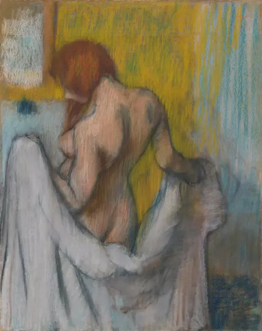 Woman with a Towel, by Edgar Degas, 1894-98, French impressionist drawing, pastel on paper. The strong outlines emphasize the muscularity of the woman's action (BSLOC_2017_3_124)