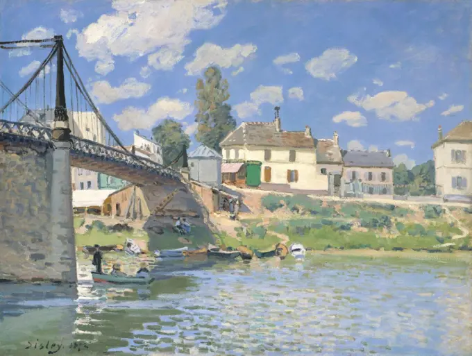 The Bridge at Villeneuve-la-Garenne, by Alfred Sisley, 1872, French impressionist oil painting. Sisley painted this modern bridge to the Paris suburb of St. Denis in a light palette with flat brushstrokes depicting reflections on the water (BSLOC_2017_3_126)