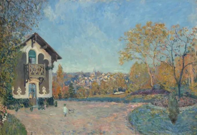 View of Marly-le-Roi from Coeur-Volant, by Alfred Sisley, 1876, French impressionist oil painting. Sisley's use of complementary colors of blue and orange enliven this unconventionally composed landscape (BSLOC_2017_3_127)