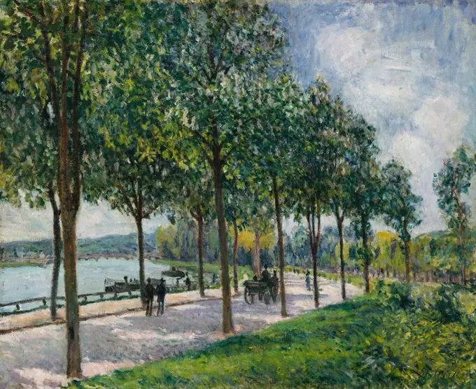 Alley of Chestnut Trees, by Alfred Sisley, 1878, French impressionist painting, oil on canvas. In Sevres, Sisley painted this view of a curved roadway along the Seine River lined with chestnut trees (BSLOC_2017_3_128)