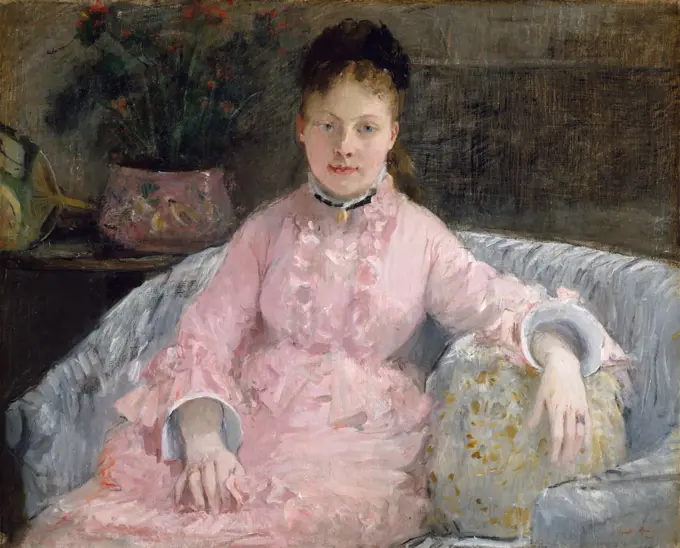 The Pink Dress, by Berthe Morisot, 1870, French impressionist painting, oil on canvas. Morisot began studying painting at age 16, and was influenced by Corot to paint landscapes 'en plein air' in the early 1860s. This canvas was painted two years into her artistic friendship with Manet, when she adopted the impressionist style (BSLOC_2017_3_125)