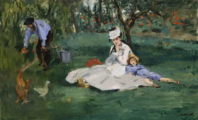 Monet Family in Their Argenteuil Garden, by Edouard Manet, 1874, French impressionist oil painting. Manet and Renoir were guests of Monet when this work was painted. When not posing, Monet painted Manet at his easel and Renoir also painted his work, Madame Monet and Her Son, now at the National Gallery of Art, Washington, D.C. (BSLOC_2017_3_13)