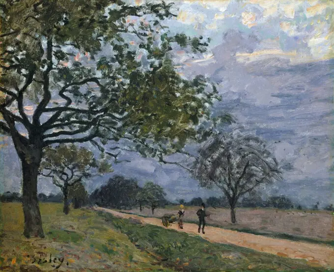 The Road from Versailles to Louveciennes, by Alfred Sisley, 1879, French impressionist oil painting. This was painted near the town of Louveciennes, on the road between Versailles and Saint-Germain-en-Laye. Sisley included a country laborer pushing a cart and a city man wearing a black suit and top hat (BSLOC_2017_3_129)