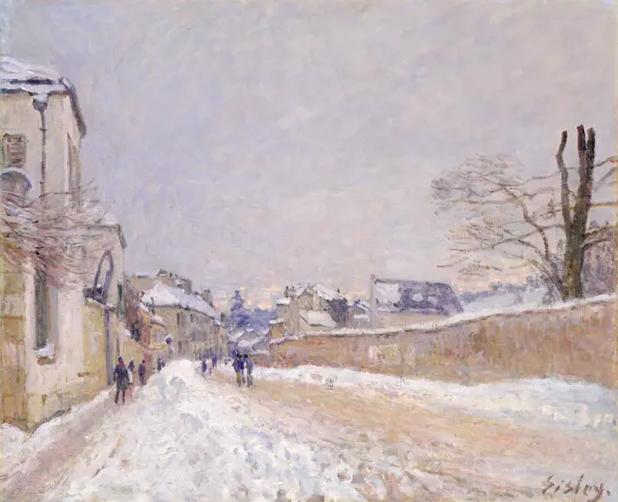 Rue Eugene Moussoir at Moret: Winter, by Alfred Sisley, 1891, French impressionist oil painting. Sisley painted this snow covered landscape with subtle palette of warm and cool colors (BSLOC_2017_3_131)
