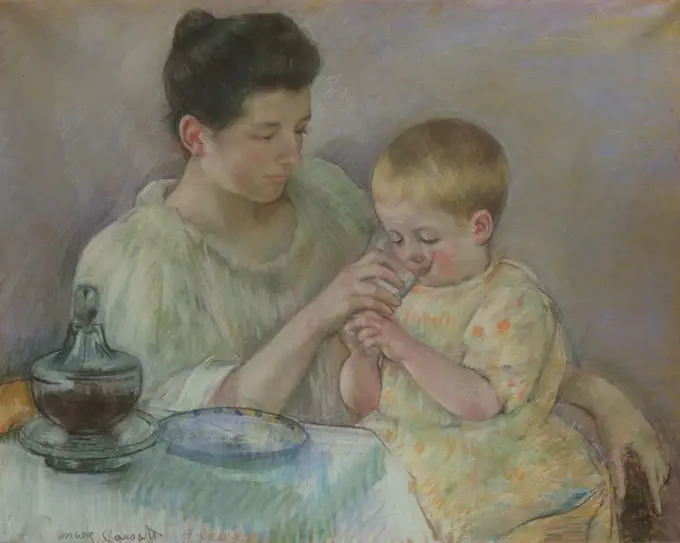 Mother Feeding Child, by Mary Cassatt, 1898, Impressionist pastel painting, on paper. This is an unsentimental depiction of daily life (BSLOC_2017_3_136)