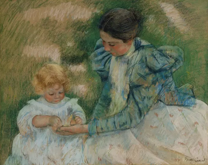 Mother Playing with Child, by Mary Cassatt, 1897, Impressionist pastel painting, on paper. The figures are set in a landscape, possibly at Cassatt's home at Mesnil-Theribus, northwest of Paris (BSLOC_2017_3_134)